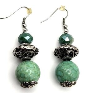 Turquoise Green Color Dyed Stone Glass Beads Silvertone Dangle Drop Earrings